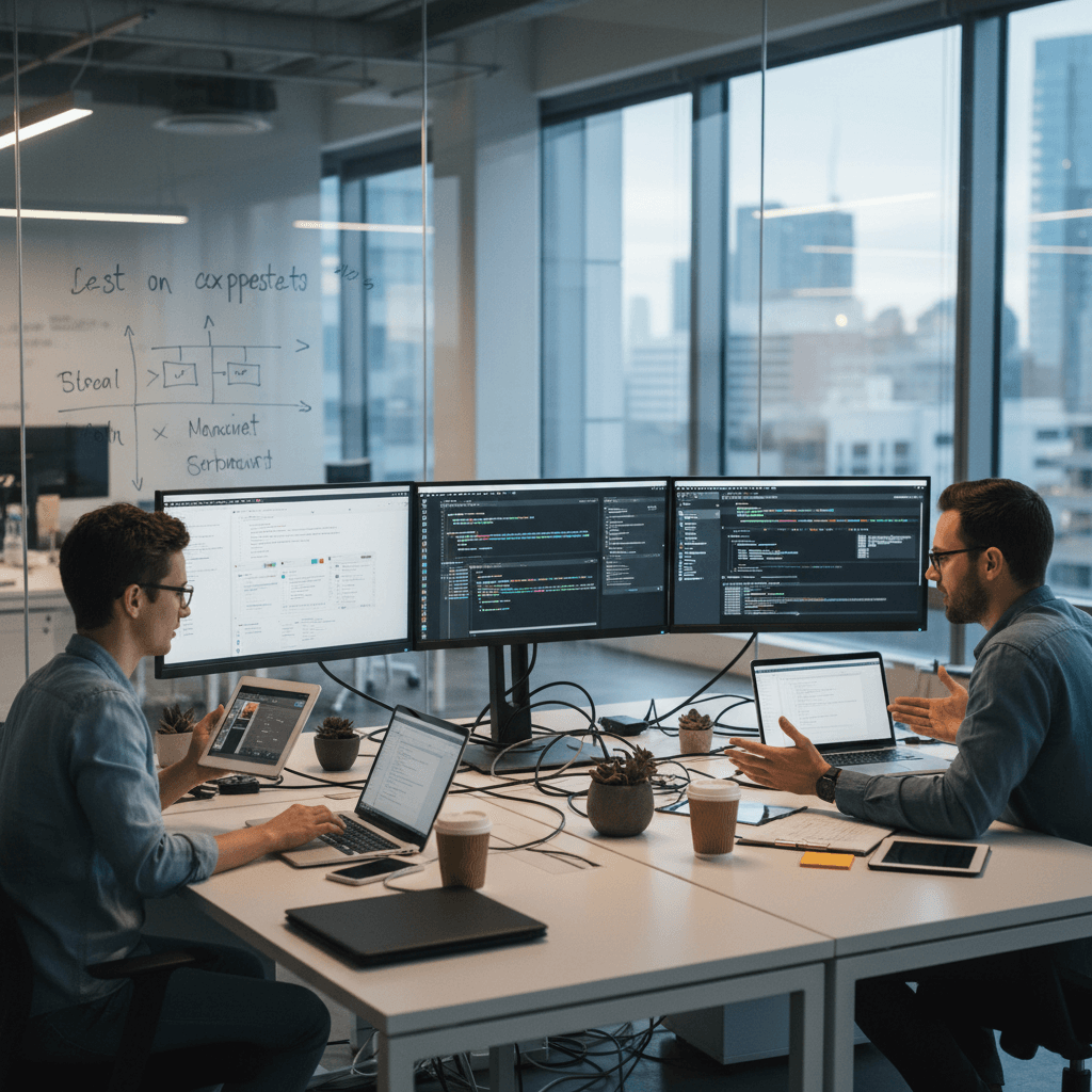 IT consulting team working together at collaborative workspace